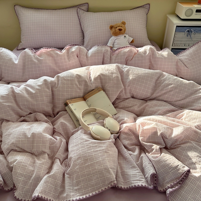 91家纺网 家纺一手货源 找家纺 XIWEN-希文家纺 2026新款40支全棉色织水洗棉贝壳边四件套 叙白-紫