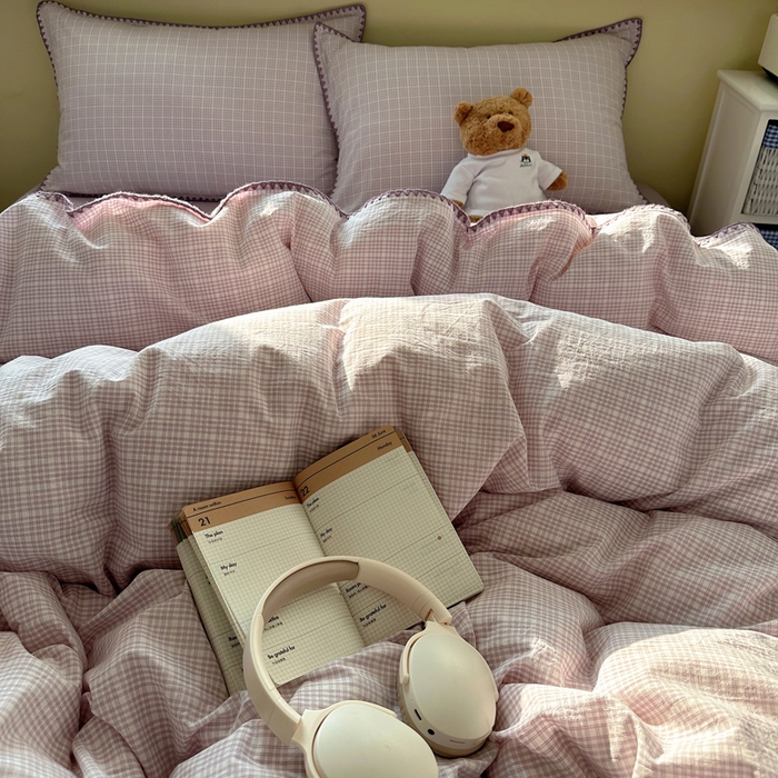 91家纺网 家纺一手货源 找家纺 XIWEN-希文家纺 2026新款40支全棉色织水洗棉贝壳边四件套 叙白-紫