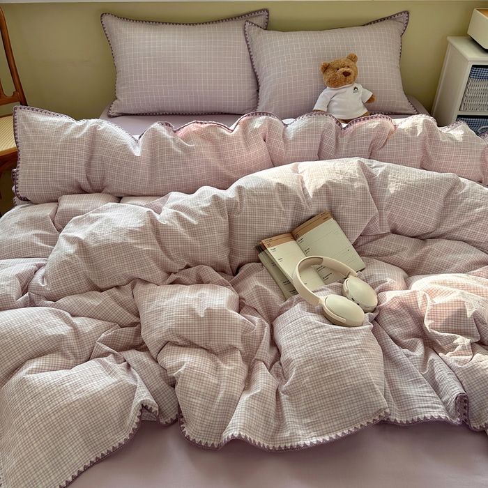 91家纺网 家纺一手货源 找家纺 XIWEN-希文家纺 2026新款40支全棉色织水洗棉贝壳边四件套 叙白-紫