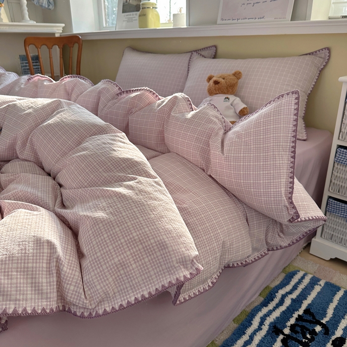 91家纺网 家纺一手货源 找家纺 XIWEN-希文家纺 2026新款40支全棉色织水洗棉贝壳边四件套 叙白-紫