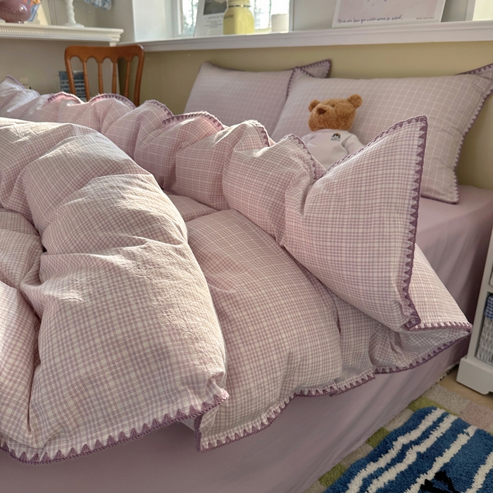 91家纺网 家纺一手货源 找家纺 XIWEN-希文家纺 2026新款40支全棉色织水洗棉贝壳边四件套 叙白-紫