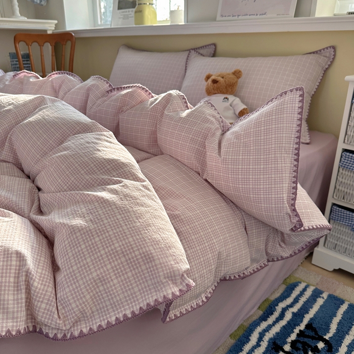 91家纺网 家纺一手货源 找家纺 XIWEN-希文家纺 2026新款40支全棉色织水洗棉贝壳边四件套 叙白-紫