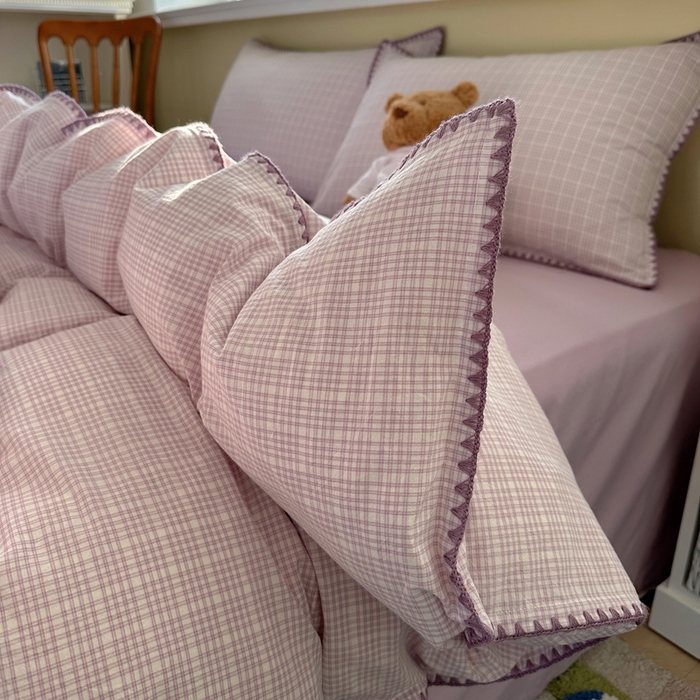 91家纺网 家纺一手货源 找家纺 XIWEN-希文家纺 2026新款40支全棉色织水洗棉贝壳边四件套 叙白-紫