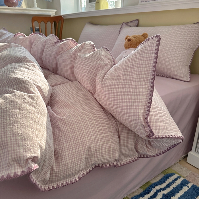 91家纺网 家纺一手货源 找家纺 XIWEN-希文家纺 2026新款40支全棉色织水洗棉贝壳边四件套 叙白-紫