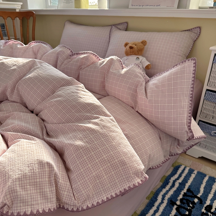 91家纺网 家纺一手货源 找家纺 XIWEN-希文家纺 2026新款40支全棉色织水洗棉贝壳边四件套 叙白-紫