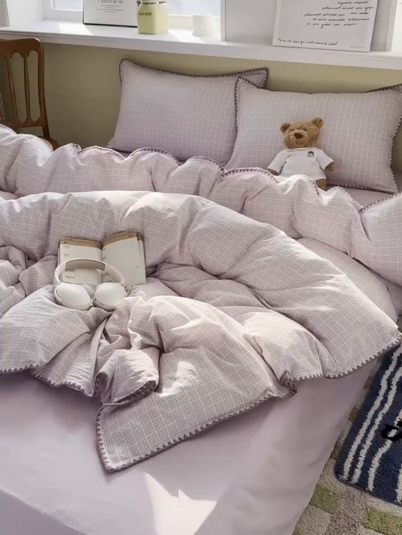 91家纺网 家纺一手货源 找家纺 XIWEN-希文家纺 2026新款40支全棉色织水洗棉贝壳边四件套 叙白-紫