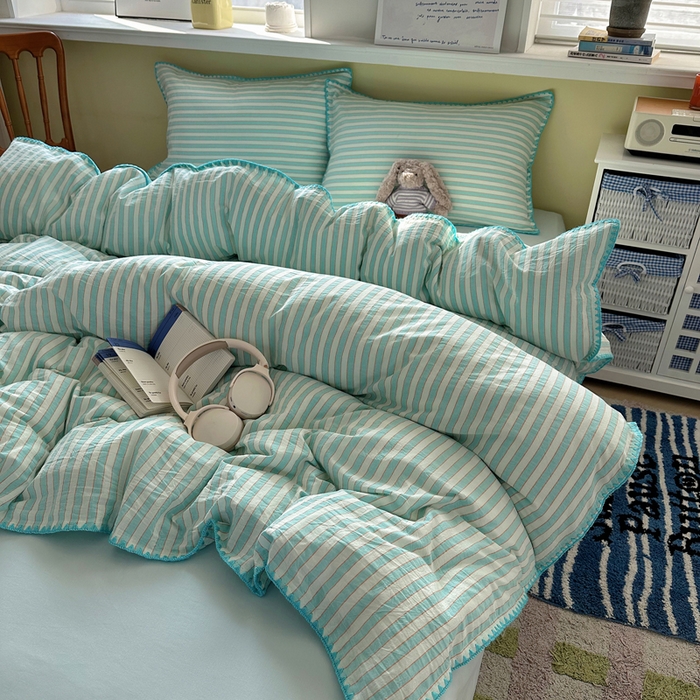 91家纺网 家纺一手货源 找家纺 XIWEN-希文家纺 2026新款40支全棉色织水洗棉贝壳边四件套 绚丽-兰