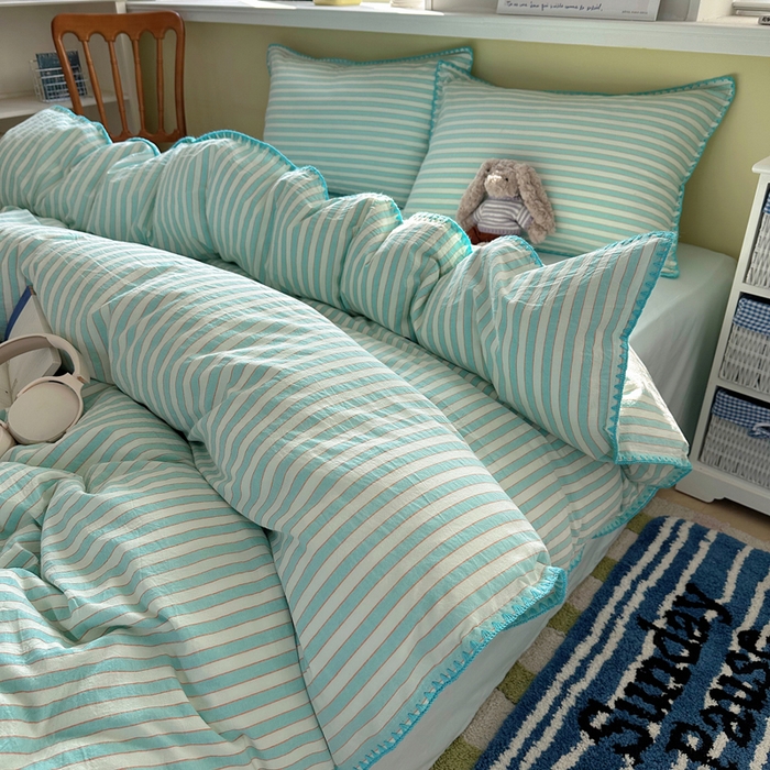 91家纺网 家纺一手货源 找家纺 XIWEN-希文家纺 2026新款40支全棉色织水洗棉贝壳边四件套 绚丽-兰