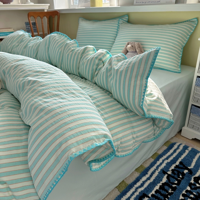 91家纺网 家纺一手货源 找家纺 XIWEN-希文家纺 2026新款40支全棉色织水洗棉贝壳边四件套 绚丽-兰