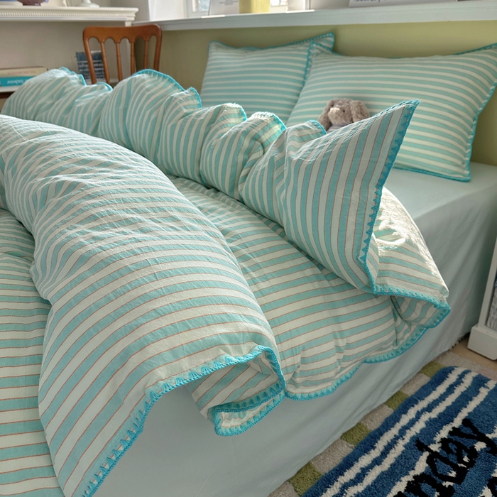 91家纺网 家纺一手货源 找家纺 XIWEN-希文家纺 2026新款40支全棉色织水洗棉贝壳边四件套 绚丽-兰