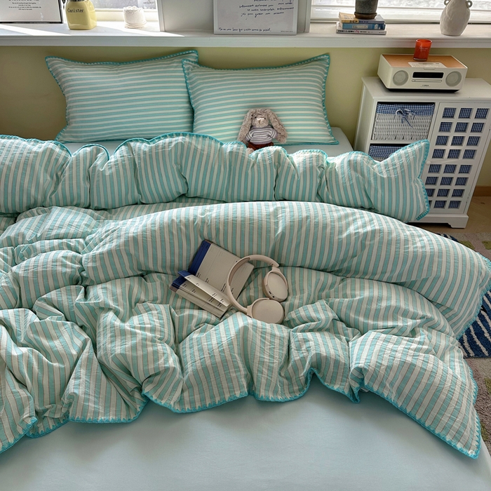 91家纺网 家纺一手货源 找家纺 XIWEN-希文家纺 2026新款40支全棉色织水洗棉贝壳边四件套 绚丽-兰