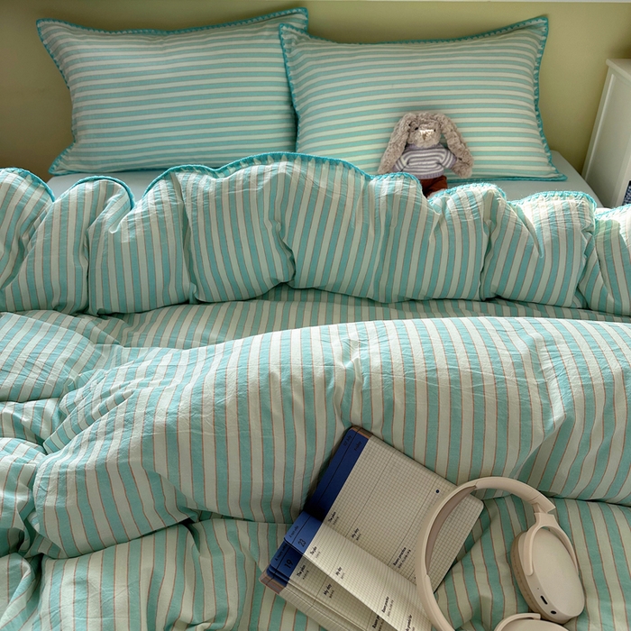 91家纺网 家纺一手货源 找家纺 XIWEN-希文家纺 2026新款40支全棉色织水洗棉贝壳边四件套 绚丽-兰