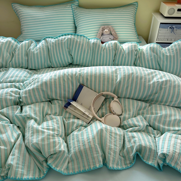 91家纺网 家纺一手货源 找家纺 XIWEN-希文家纺 2026新款40支全棉色织水洗棉贝壳边四件套 绚丽-兰