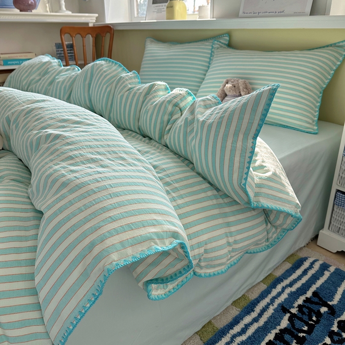 91家纺网 家纺一手货源 找家纺 XIWEN-希文家纺 2026新款40支全棉色织水洗棉贝壳边四件套 绚丽-兰