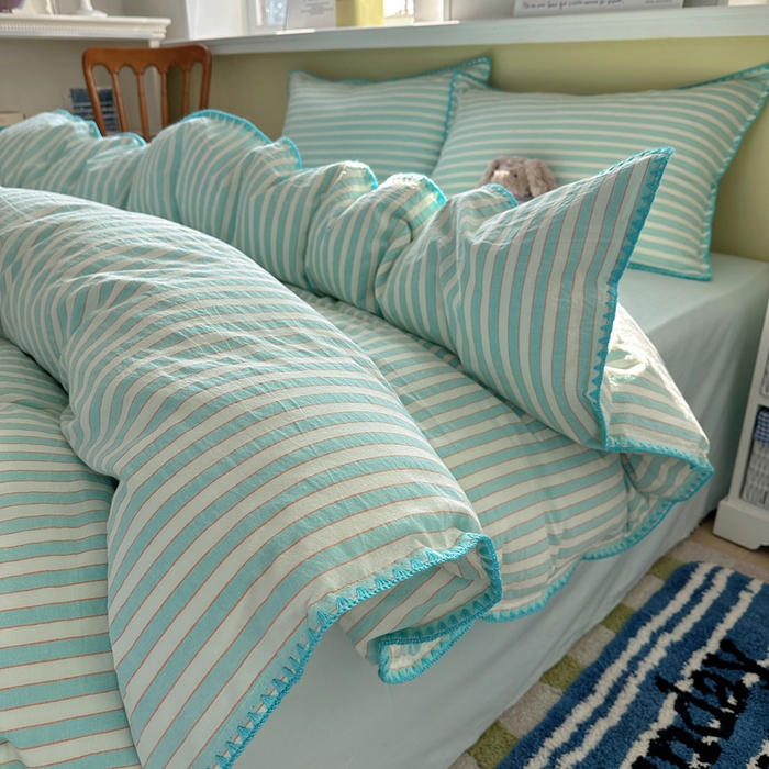 91家纺网 家纺一手货源 找家纺 XIWEN-希文家纺 2026新款40支全棉色织水洗棉贝壳边四件套 绚丽-兰