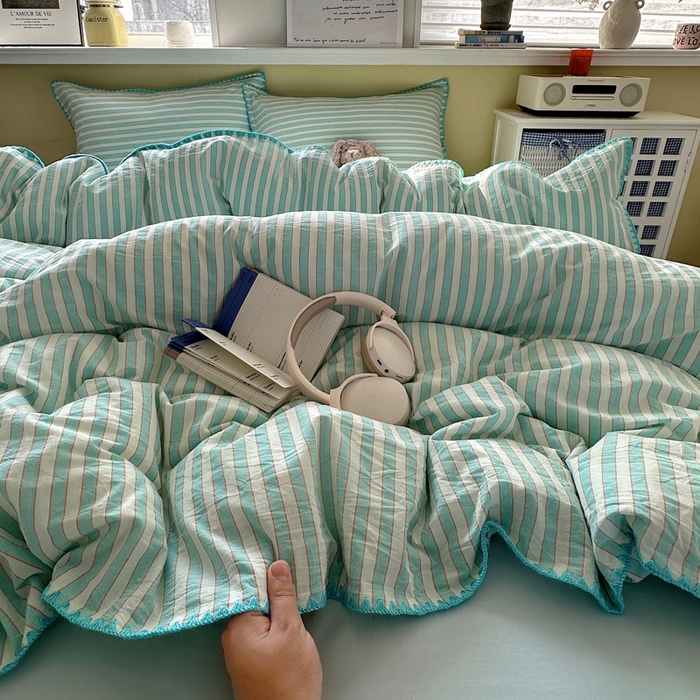 91家纺网 家纺一手货源 找家纺 XIWEN-希文家纺 2026新款40支全棉色织水洗棉贝壳边四件套 绚丽-兰