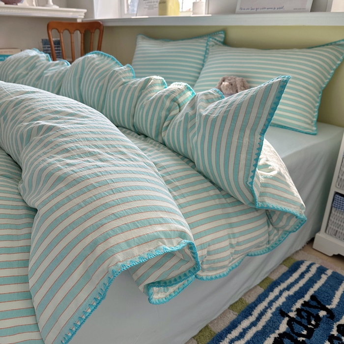 91家纺网 家纺一手货源 找家纺 XIWEN-希文家纺 2026新款40支全棉色织水洗棉贝壳边四件套 绚丽-兰