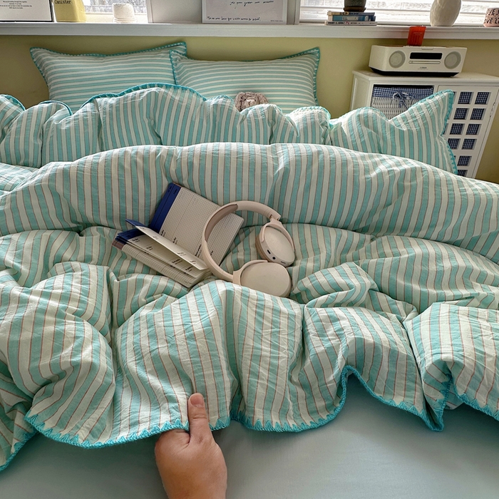 91家纺网 家纺一手货源 找家纺 XIWEN-希文家纺 2026新款40支全棉色织水洗棉贝壳边四件套 绚丽-兰