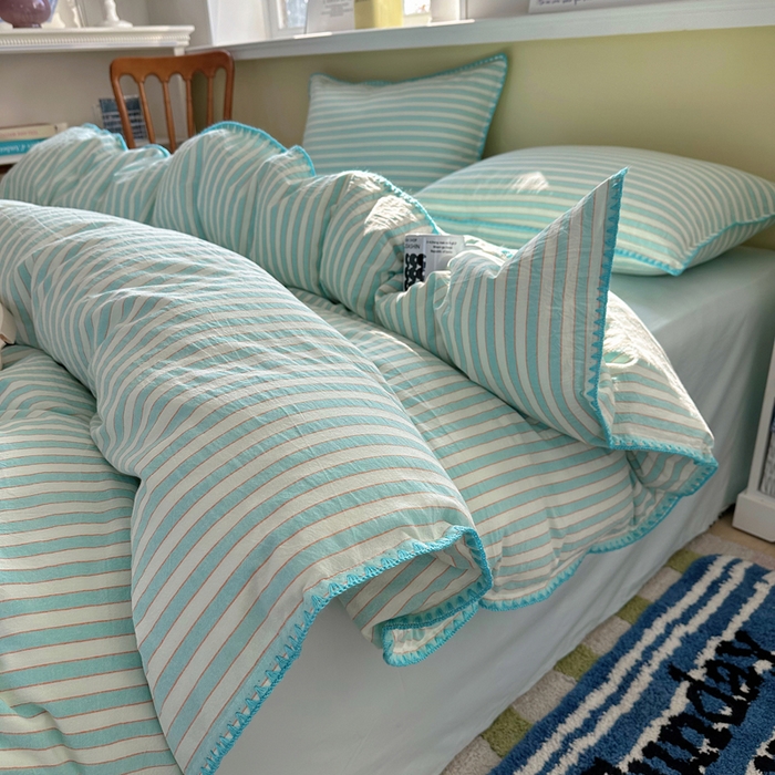 91家纺网 家纺一手货源 找家纺 XIWEN-希文家纺 2026新款40支全棉色织水洗棉贝壳边四件套 绚丽-兰