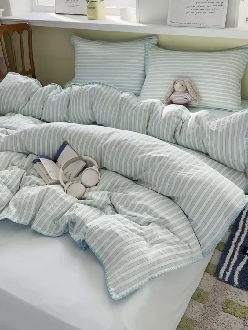 91家纺网 家纺一手货源 找家纺 XIWEN-希文家纺 2026新款40支全棉色织水洗棉贝壳边四件套 绚丽-兰