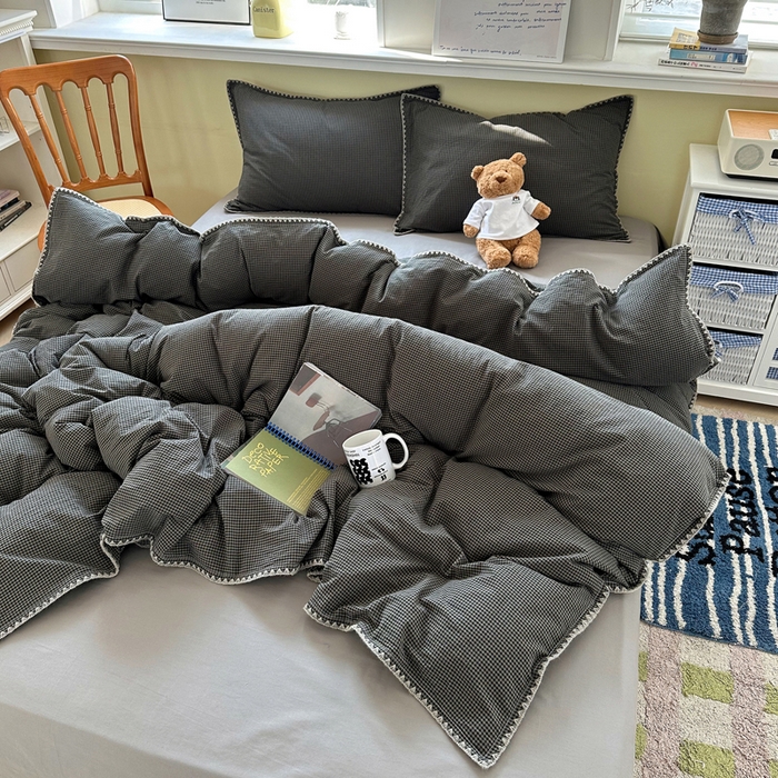 XIWEN-希文家纺 2026新款40支全棉色织水洗棉贝壳边四件套 余音-黑