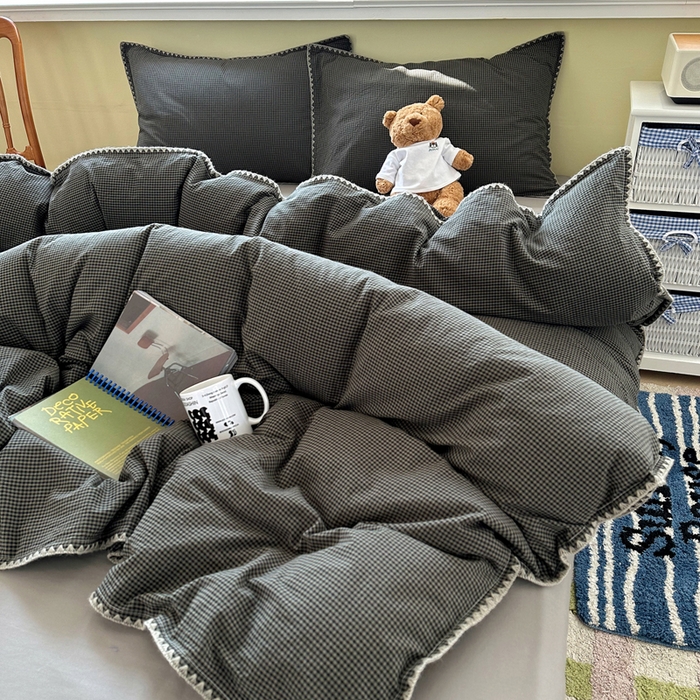 91家纺网 家纺一手货源 找家纺 XIWEN-希文家纺 2026新款40支全棉色织水洗棉贝壳边四件套 余音-黑