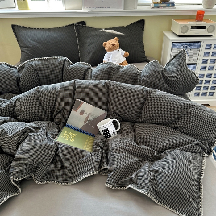 91家纺网 家纺一手货源 找家纺 XIWEN-希文家纺 2026新款40支全棉色织水洗棉贝壳边四件套 余音-黑