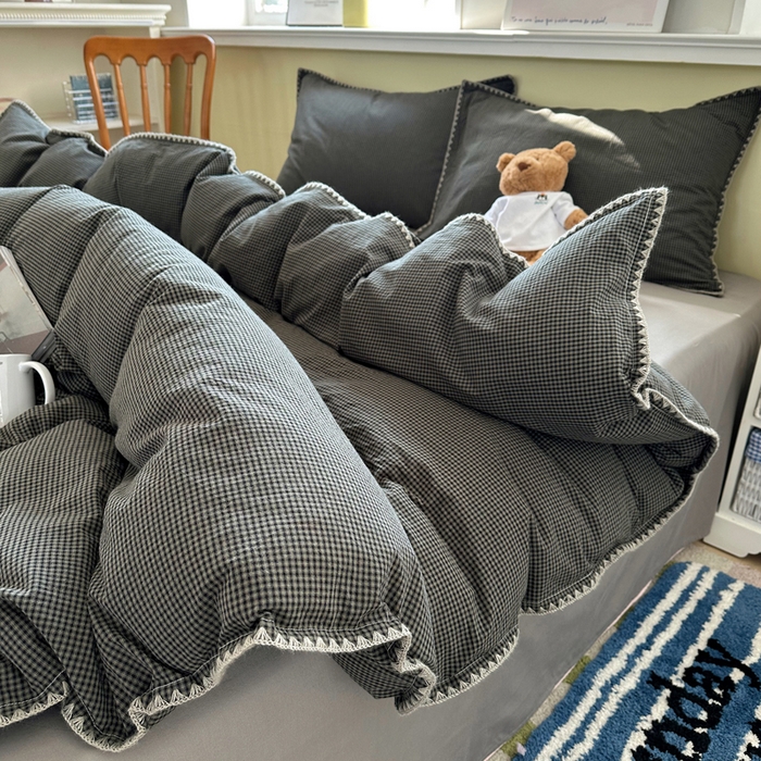 91家纺网 家纺一手货源 找家纺 XIWEN-希文家纺 2026新款40支全棉色织水洗棉贝壳边四件套 余音-黑