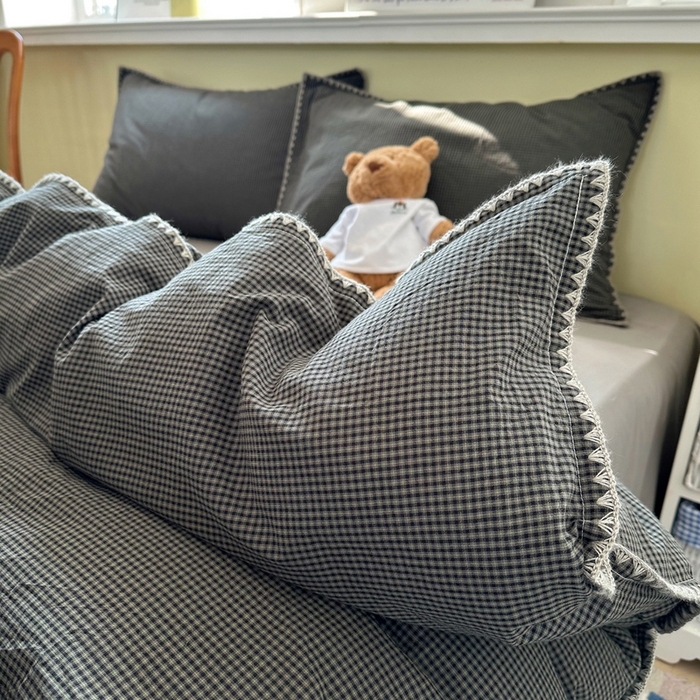 91家纺网 家纺一手货源 找家纺 XIWEN-希文家纺 2026新款40支全棉色织水洗棉贝壳边四件套 余音-黑