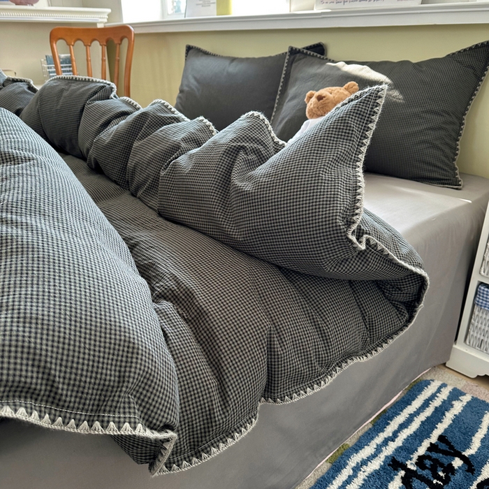 91家纺网 家纺一手货源 找家纺 XIWEN-希文家纺 2026新款40支全棉色织水洗棉贝壳边四件套 余音-黑