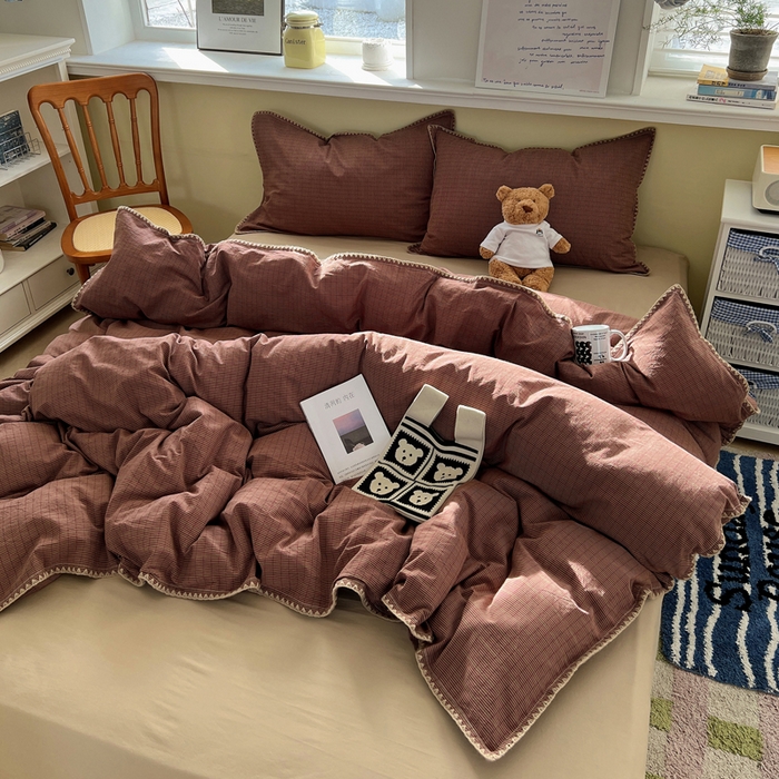 XIWEN-希文家纺 2026新款40支全棉色织水洗棉贝壳边四件套 云岫-红