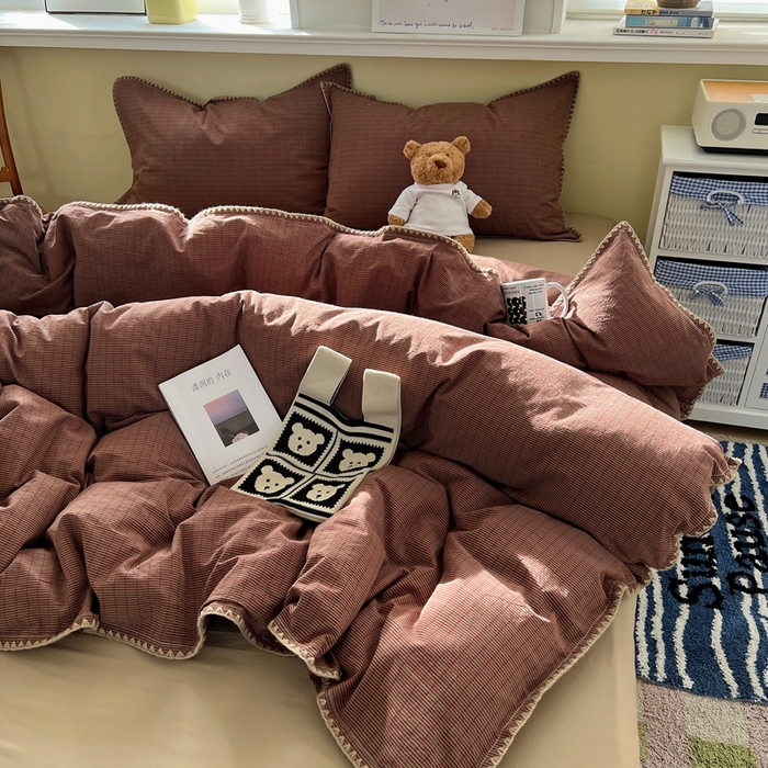 91家纺网 家纺一手货源 找家纺 XIWEN-希文家纺 2026新款40支全棉色织水洗棉贝壳边四件套 云岫-红