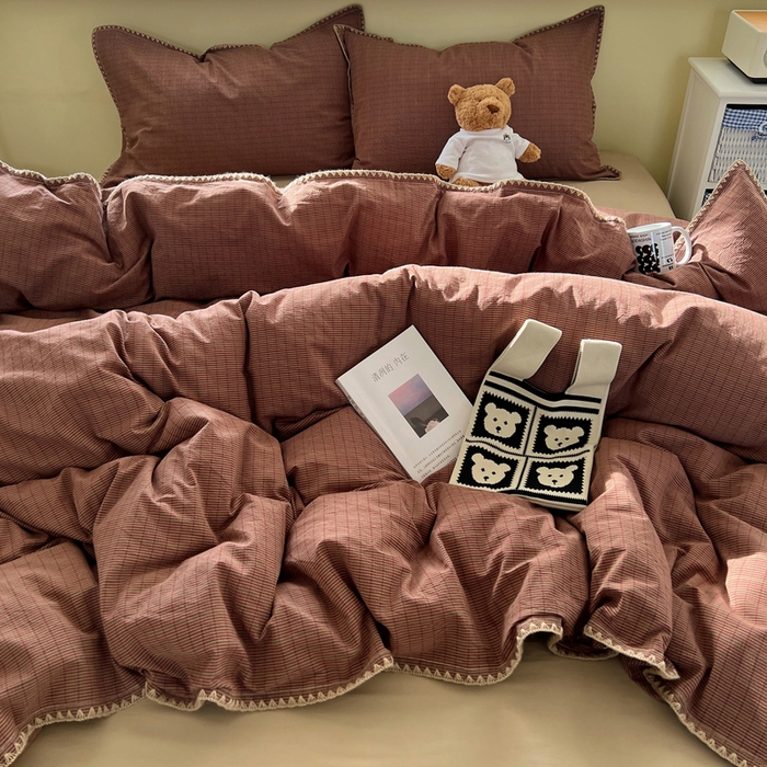 91家纺网 家纺一手货源 找家纺 XIWEN-希文家纺 2026新款40支全棉色织水洗棉贝壳边四件套 云岫-红