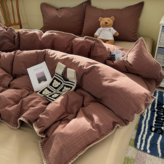 91家纺网 家纺一手货源 找家纺 XIWEN-希文家纺 2026新款40支全棉色织水洗棉贝壳边四件套 云岫-红