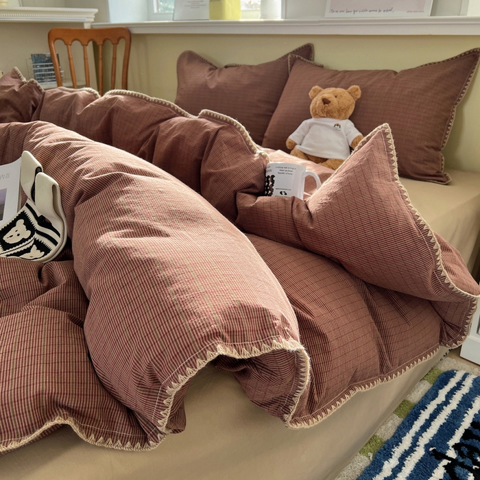 91家纺网 家纺一手货源 找家纺 XIWEN-希文家纺 2026新款40支全棉色织水洗棉贝壳边四件套 云岫-红