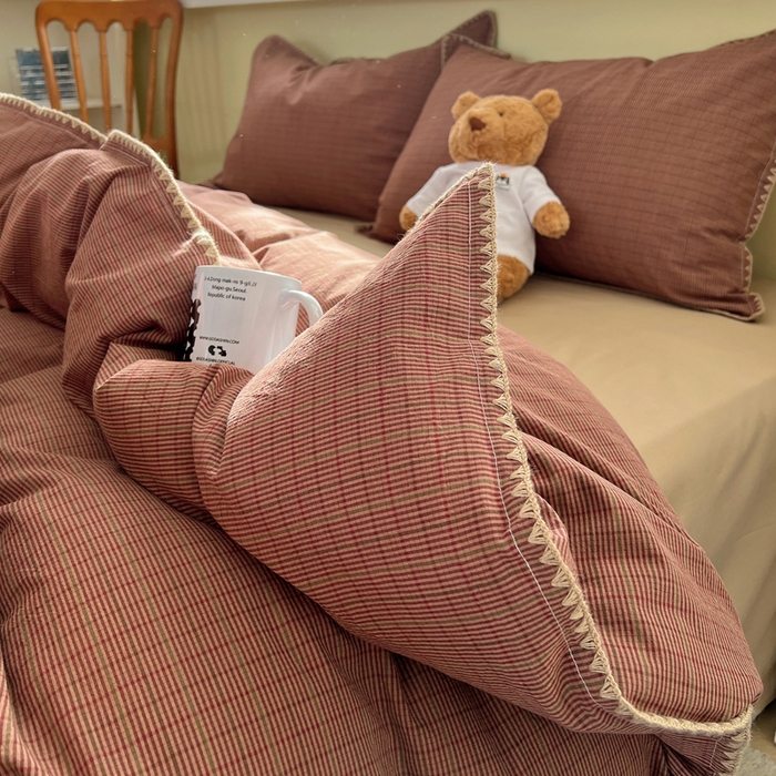 91家纺网 家纺一手货源 找家纺 XIWEN-希文家纺 2026新款40支全棉色织水洗棉贝壳边四件套 云岫-红