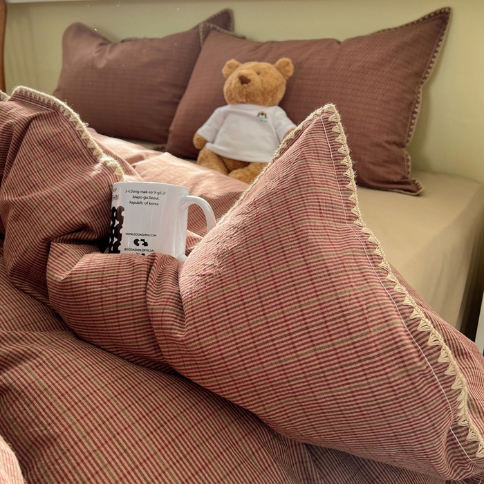 91家纺网 家纺一手货源 找家纺 XIWEN-希文家纺 2026新款40支全棉色织水洗棉贝壳边四件套 云岫-红