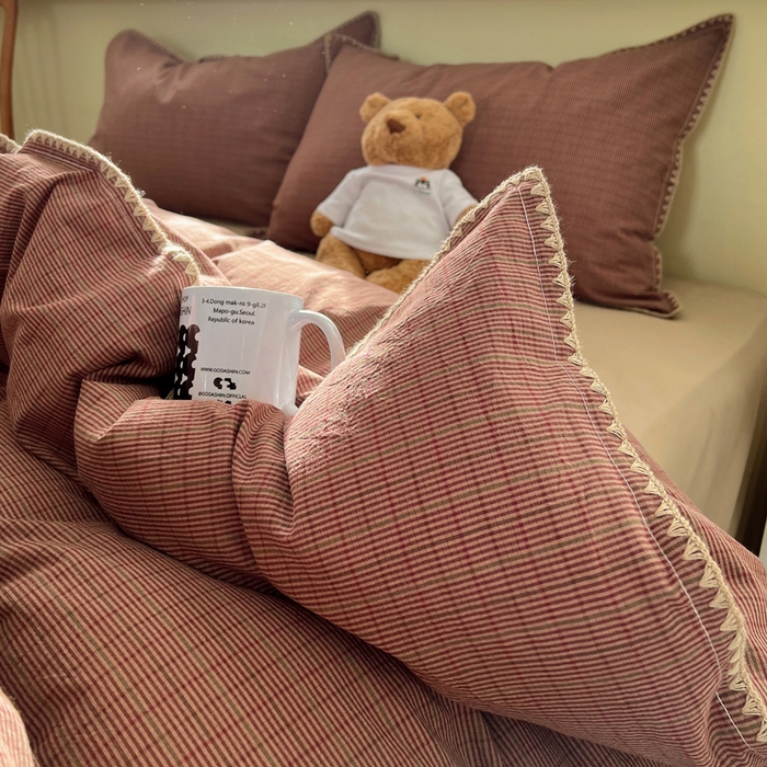 91家纺网 家纺一手货源 找家纺 XIWEN-希文家纺 2026新款40支全棉色织水洗棉贝壳边四件套 云岫-红