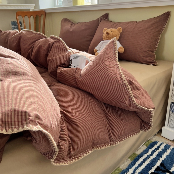 91家纺网 家纺一手货源 找家纺 XIWEN-希文家纺 2026新款40支全棉色织水洗棉贝壳边四件套 云岫-红