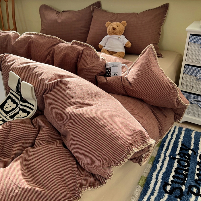 91家纺网 家纺一手货源 找家纺 XIWEN-希文家纺 2026新款40支全棉色织水洗棉贝壳边四件套 云岫-红