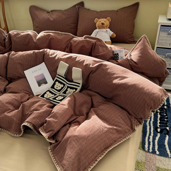 91家纺网 家纺一手货源 找家纺 XIWEN-希文家纺 2026新款40支全棉色织水洗棉贝壳边四件套 云岫-红