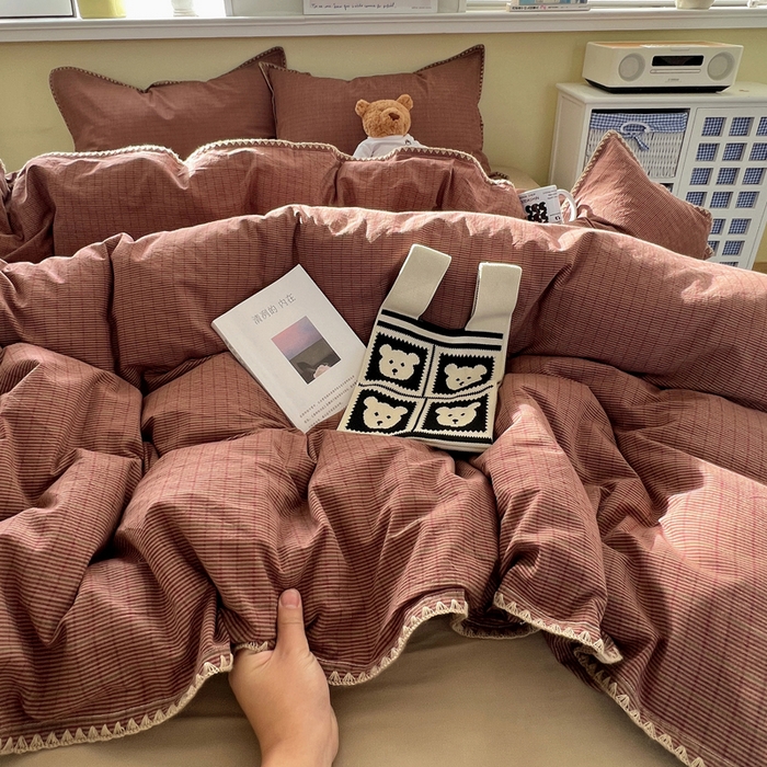 91家纺网 家纺一手货源 找家纺 XIWEN-希文家纺 2026新款40支全棉色织水洗棉贝壳边四件套 云岫-红