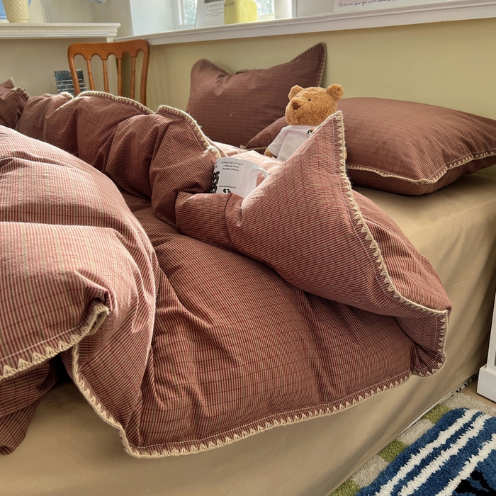 91家纺网 家纺一手货源 找家纺 XIWEN-希文家纺 2026新款40支全棉色织水洗棉贝壳边四件套 云岫-红