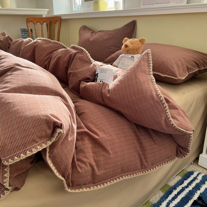 91家纺网 家纺一手货源 找家纺 XIWEN-希文家纺 2026新款40支全棉色织水洗棉贝壳边四件套 云岫-红