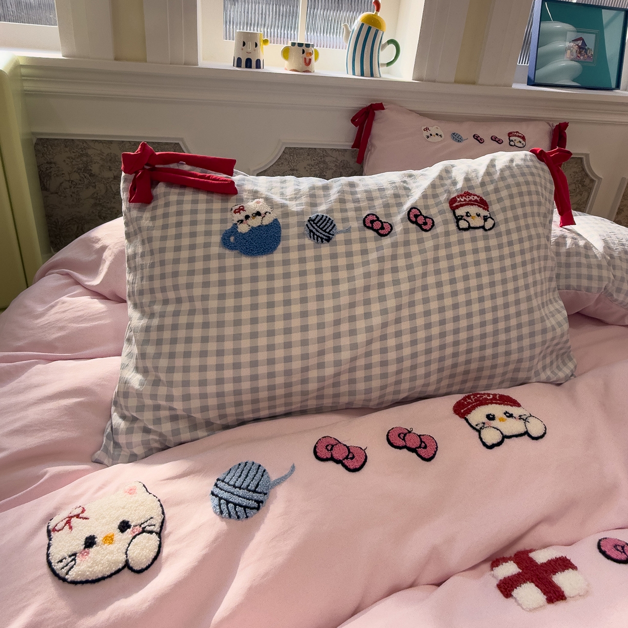 91家纺网 家纺一手货源 找家纺 盼季家纺 2026新款毛巾绣四件套蝴蝶结系列 蝴蝶结毛巾绣-蝴蝶结喵喵