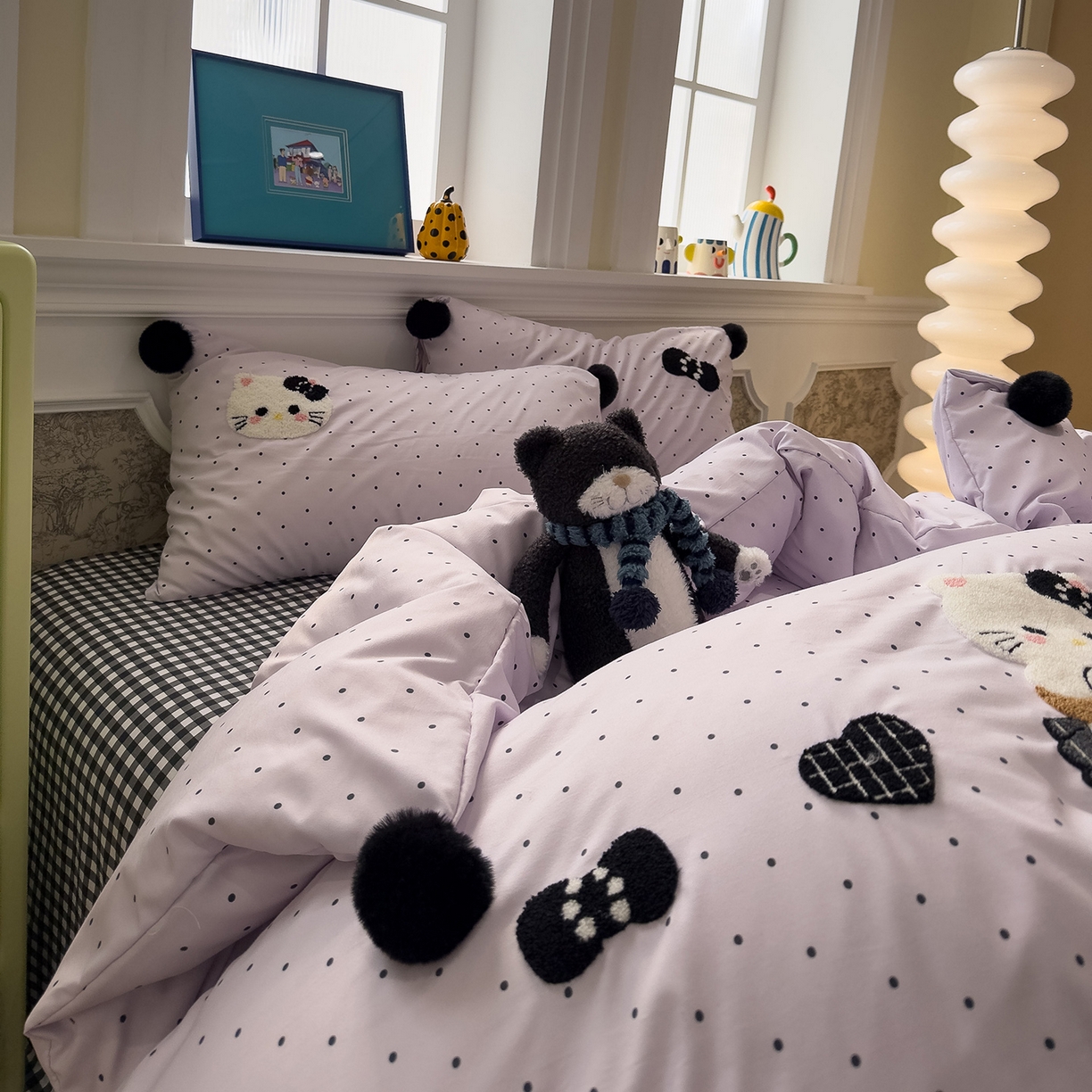 91家纺网 家纺一手货源 找家纺 盼季家纺 2026新款毛巾绣四件套波点系列 毛巾绣-紫波猫咪酱