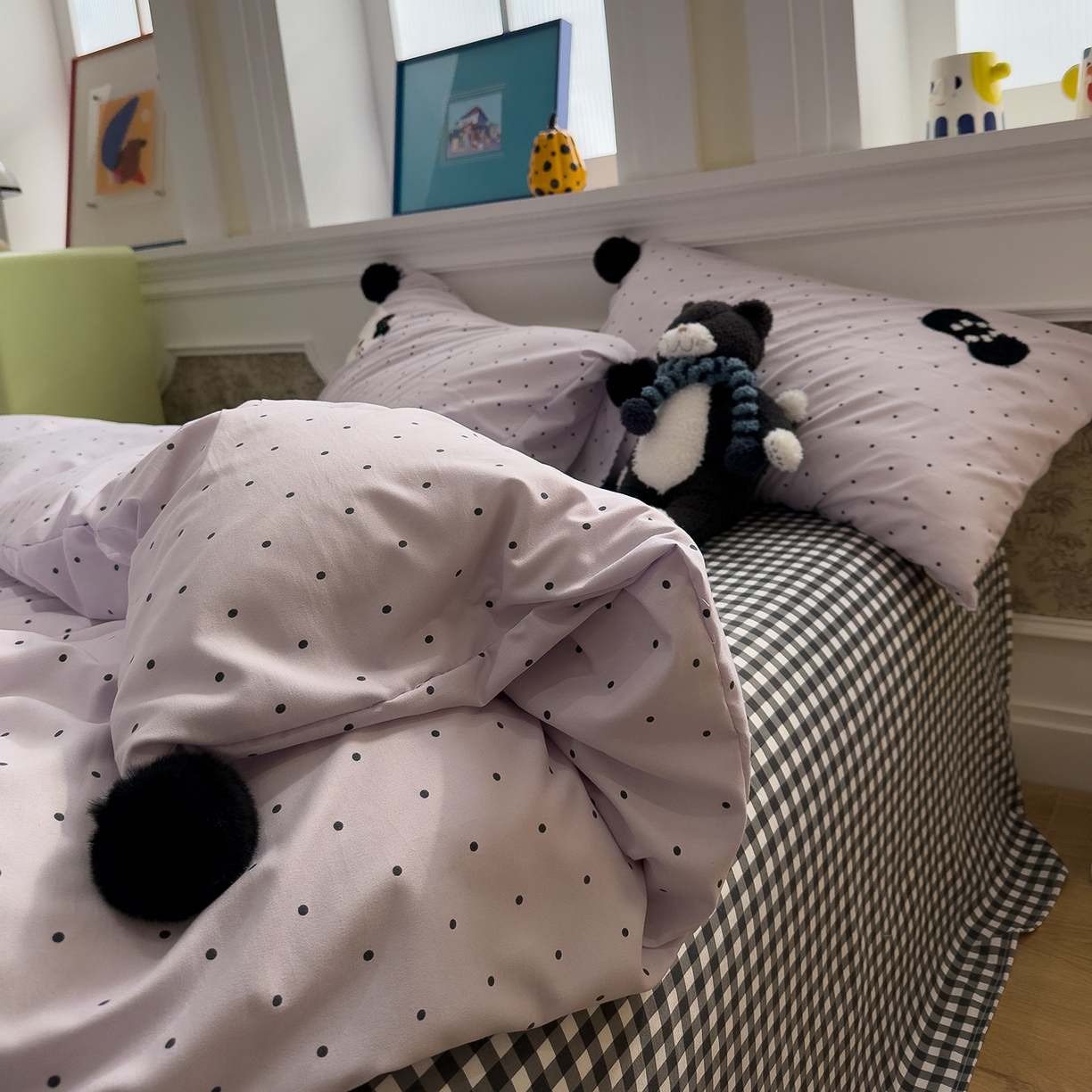 91家纺网 家纺一手货源 找家纺 盼季家纺 2026新款毛巾绣四件套波点系列 毛巾绣-紫波猫咪酱