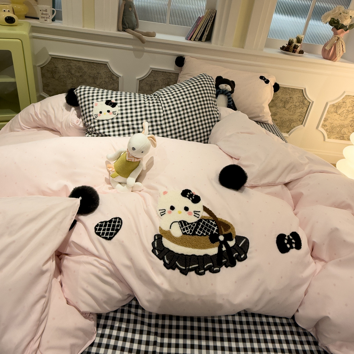 盼季家纺 2026新款毛巾绣四件套波点系列 毛巾绣-粉波猫咪酱