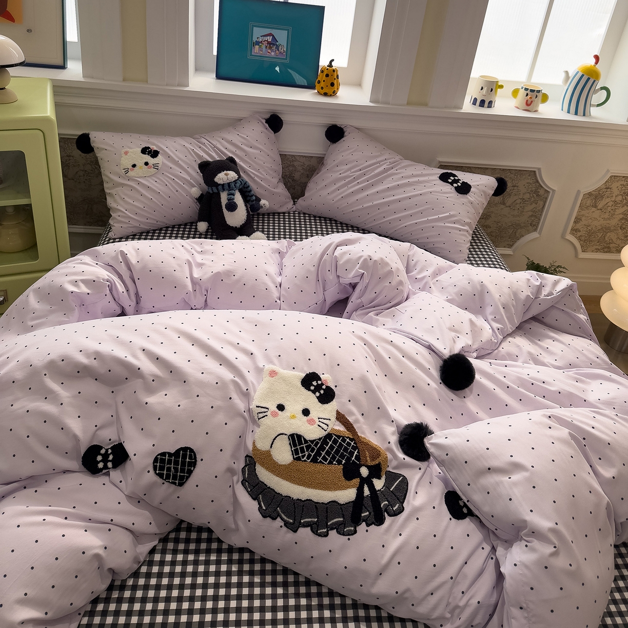 91家纺网 家纺一手货源 找家纺 盼季家纺 2026新款毛巾绣四件套波点系列 毛巾绣-紫波猫咪酱