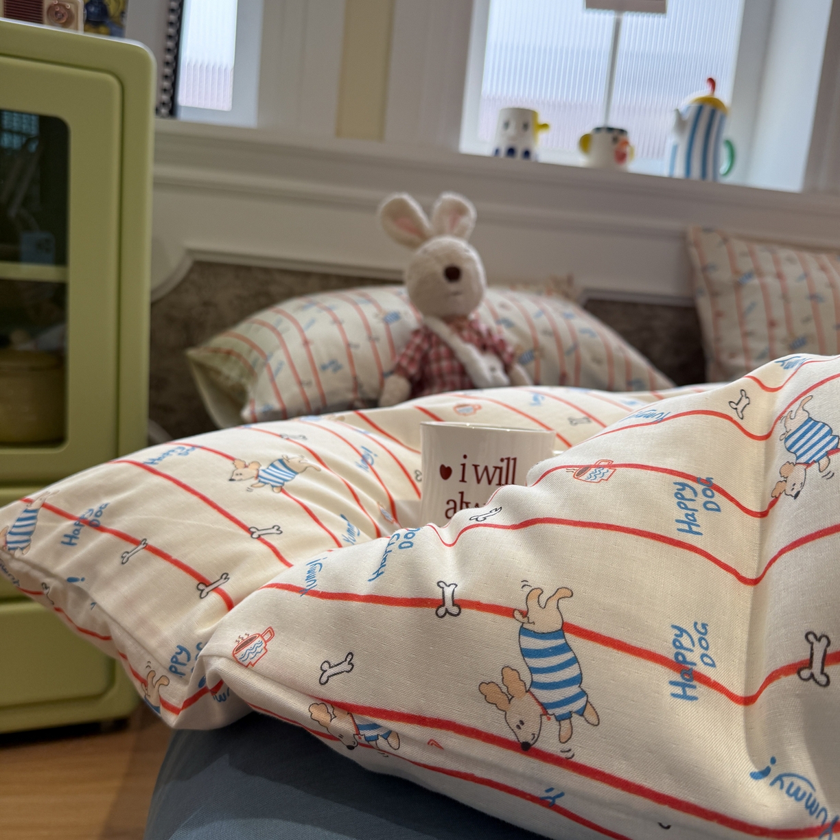 91家纺网 家纺一手货源 找家纺 塞纳 2026新款.全棉有氧双层纱四件套-场景一 快乐汪星人